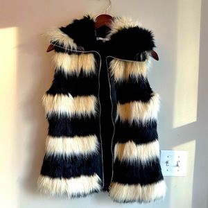 Black and Ivory Striped Faux Fur Vest